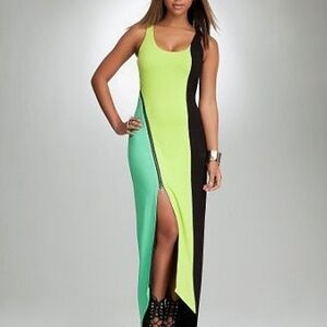 Bebe Addiction Colour Block Maxi Dress Women's Size Small Neon Green Sleeveless